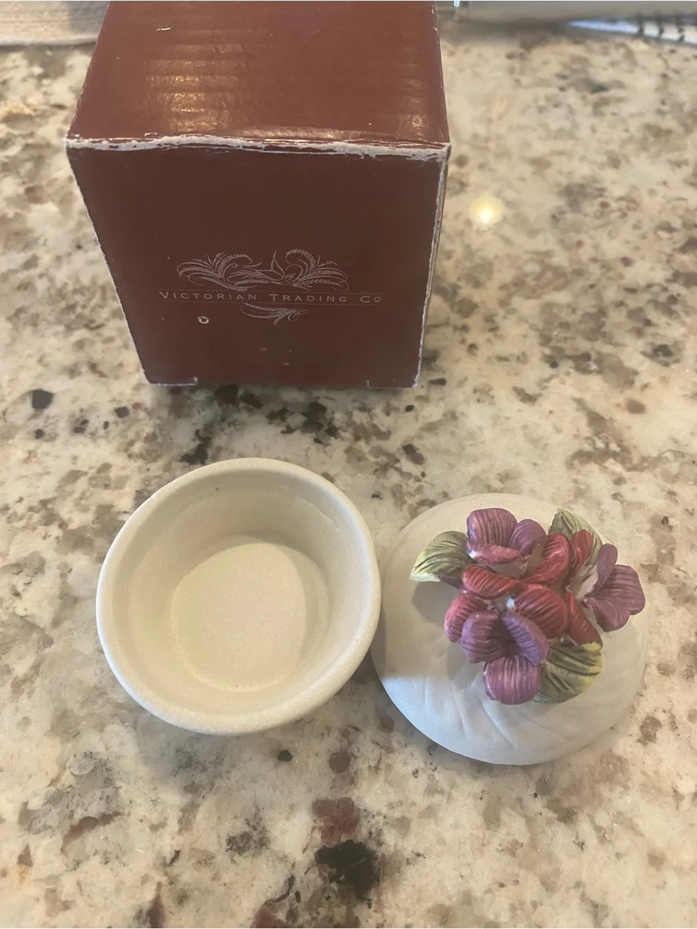 White Floral Trinket Box with Purple Flower Lid